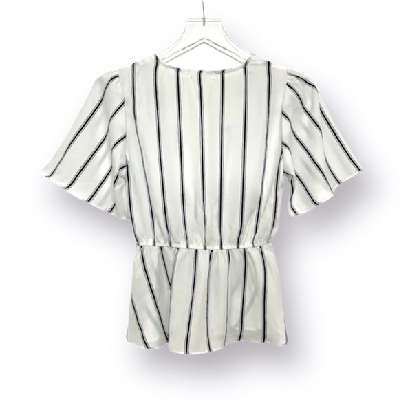 Socialite Black and White Surplice Flutter Sleeve Faux Wrap Short Sleeve Blouse - Picture 3 of 6